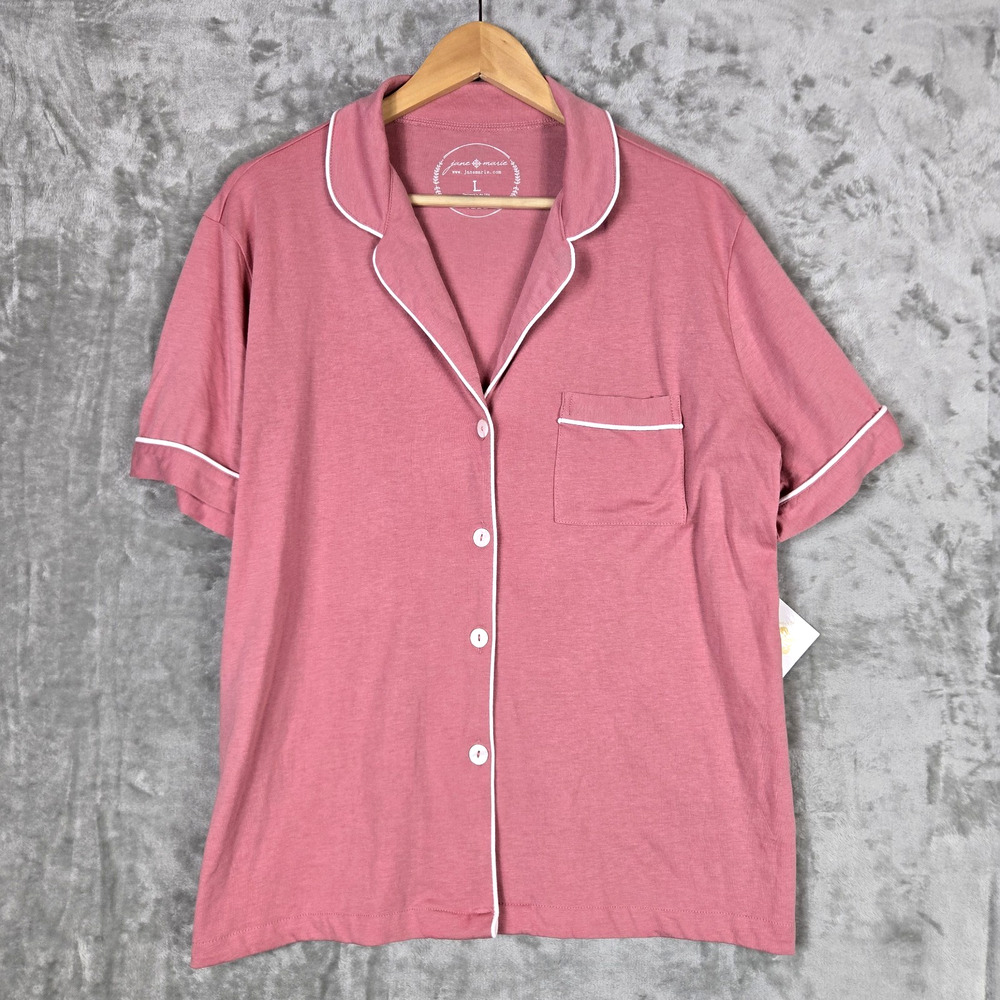 NWT Jane Marie Pajama Top Pink Button Up Short Sleeve Sleep Shirt Loungewear LG